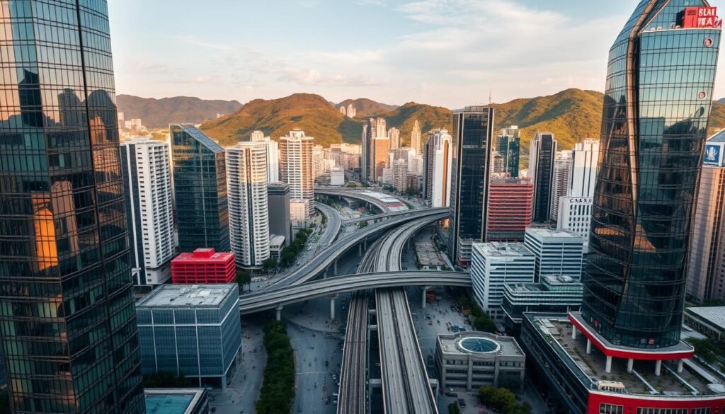 A bustling cityscape of Shenzhen's high-tech innovation district, captured in a wide-angle aerial view. In the foreground, sleek glass-and-steel skyscrapers housing technology companies and startups, their facades gleaming under the warm afternoon sun. The middle ground reveals a network of modern infrastructure - highways, metro lines, and pedestrian walkways, all teeming with activity. In the background, lush green hills rise up, providing a natural contrast to the urban landscape. The scene conveys a sense of dynamism, progress, and the融合 of nature and technology that defines Shenzhen's tech ecosystem.