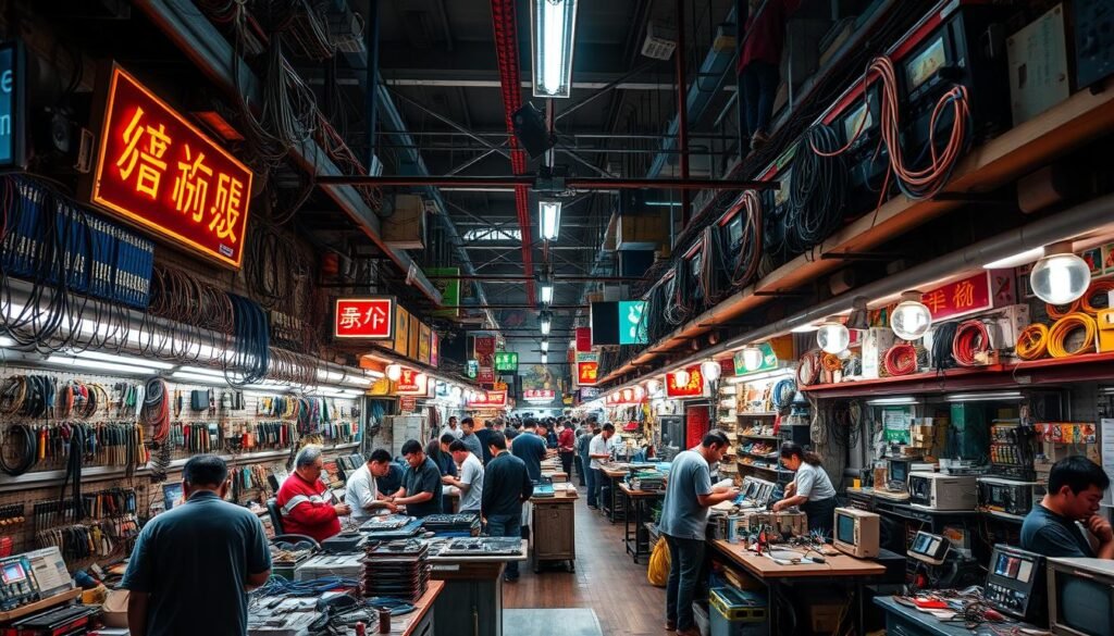 A bustling electronics component marketplace in Shenzhen, China. Stalls packed with an abundance of electronic parts, wires, and circuit boards. Vendors haggling with customers under vibrant neon signs. Shelves overflowing with microchips, resistors, and LEDs. Workbenches scattered with soldering irons and oscilloscopes. Bright overhead lighting illuminates the dynamic scene, casting long shadows across the crowded aisles. The air buzzes with the energy of innovation and the relentless pursuit of technological advancement. Capturing the Huaqiangbei phenomenon, a hub where the world's electronics are sourced and assembled.