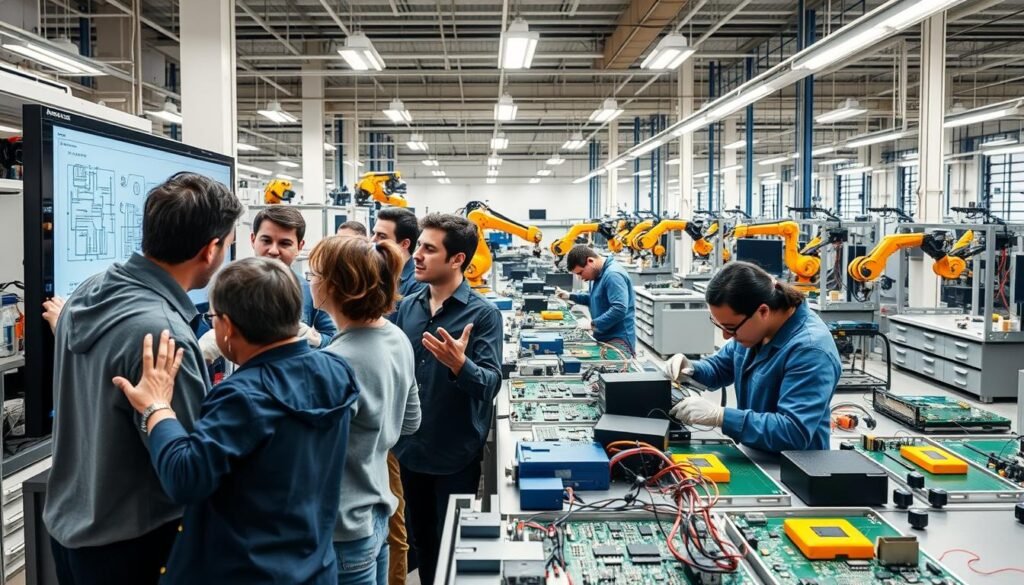 A busy, modern electronics manufacturing facility where engineers and technicians collaborate closely. In the foreground, a team reviews circuit diagrams and component layouts on a large touchscreen display, gesturing animatedly as they discuss design iterations. In the middle ground, workers assemble printed circuit boards, precisely soldering components under bright, evenly distributed lighting. In the background, robotic arms nimbly pick and place parts, while automated test rigs ensure quality control. The atmosphere is one of focused, efficient teamwork - a blend of cutting-edge technology and human expertise working in harmony.