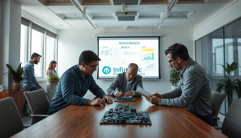 A clean, minimalist office interior with bright natural lighting. In the foreground, a team of engineers collaborating around a wooden conference table, intently studying a printed circuit board and discussing compliance requirements. In the middle ground, a projection screen displays technical schematics and RoHS/REACH regulations. The background features the Informic Electronics logo, conveying a sense of professionalism and expertise in PCB manufacturing compliance. The overall atmosphere is one of focused, productive teamwork dedicated to ensuring regulatory adherence.
