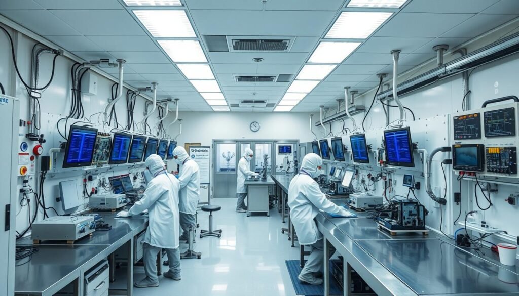 A clean, well-lit electronics assembly environment with Informic Electronics control panels and monitoring stations. Stainless steel workbenches and precision tools arranged in an orderly layout. Overhead LED lighting casts a soft, even glow. Employees in white clean-room suits move methodically, their every action calibrated to maintain pristine conditions. An array of sensors and digital displays provide real-time data on temperature, humidity, and air quality. The atmosphere is one of focused intensity, where the smallest details are meticulously attended to, ensuring the highest standards of quality and safety in PCBA manufacturing.