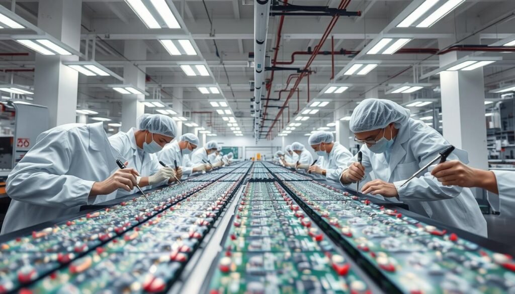 A clean, well-lit factory floor, workers in white coats and hairnets carefully inspecting rows of printed circuit boards on Informic Electronics' quality control workstations. Bright overhead lighting casts long shadows as technicians use precision tools to meticulously examine solder joints, component placement, and circuit traces. The atmosphere is one of focused attention and attention to detail, reflecting the importance of producing reliable, high-quality PCBA products. The camera angle captures the scene from a slightly elevated perspective, showcasing the organized, methodical nature of the quality control process.