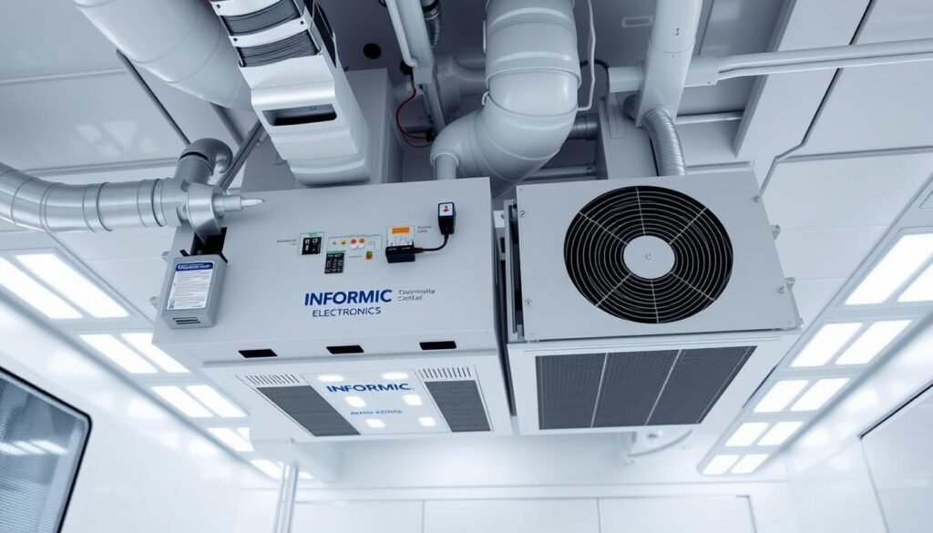 A cleanroom-style temperature and humidity control system, featuring a Informic Electronics branded air handling unit with advanced sensors and microprocessor controls. The system is depicted in a crisp, technical illustration, showcasing the intricacies of the ducting, filters, and airflow patterns. The lighting is bright and evenly distributed, highlighting the precision engineering of the components. The overall atmosphere conveys a sense of scientific rigor and environmental regulation crucial for PCBA manufacturing.