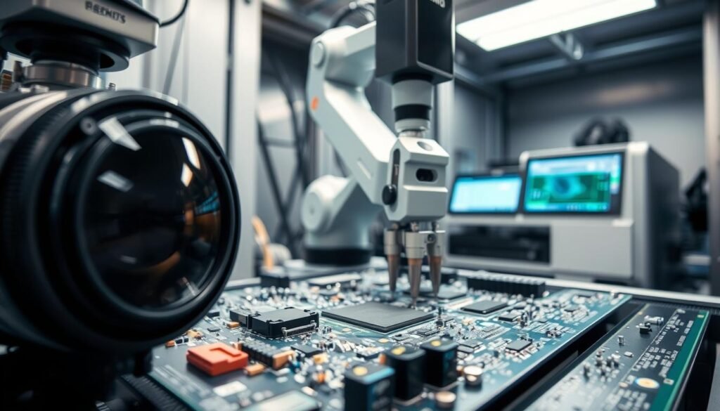 A close-up examination of the key components in an automated optical inspection (AOI) system. Showcasing the precision engineering and technological sophistication of this vital quality control tool. In the foreground, a high-resolution camera lens and precision illumination modules capture intricate PCB details. In the middle ground, a robotic arm mechanism precisely navigates the assembly, scanning for defects. In the background, a computer vision system and a sleek, modern housing unit convey the advanced computational power underlying the AOI process. Crisp, clean lighting illuminates the scene, emphasizing the advanced engineering and design elements of this state-of-the-art inspection technology.