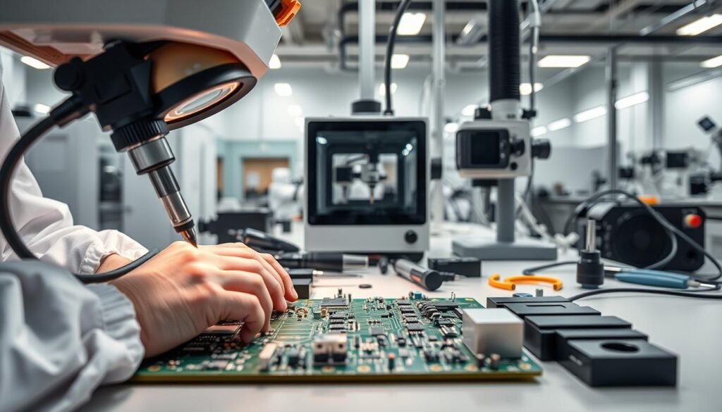A close-up view of a PCB assembly process, showcasing the intricate steps involved. The foreground depicts a technician meticulously placing electronic components onto a circuit board, their hands guided by a magnifying lens for precision. The middle ground features an array of specialized tools, including soldering irons, tweezers, and a pick-and-place machine, all neatly organized on a workbench. In the background, a clean, well-lit production environment with controlled lighting and air filtration systems creates an atmosphere of technical excellence. The overall scene conveys the attention to detail and expertise required in the PCB assembly process, reflecting the high-quality standards of the industry.
