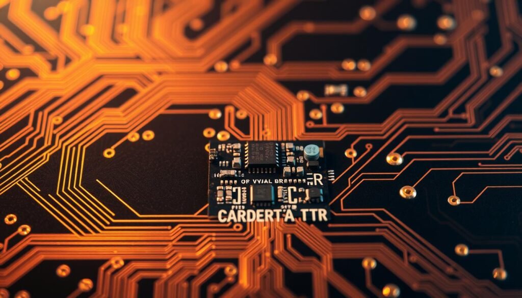 A close-up view of a high-density interconnect (HDI) printed circuit board, showcasing intricate copper traces and vias against a matte black background. The circuitry is illuminated by warm, directional lighting, highlighting the precise engineering and complexity of the HDI technology. In the middle ground, a selection of HDI components, such as tiny integrated circuits and capacitors, are arranged in a visually appealing, symmetrical layout. The background features a subtle, blurred gradient, creating a sense of depth and focus on the HDI board's features. The overall composition conveys the advanced, high-performance nature of HDI applications in modern electronics.