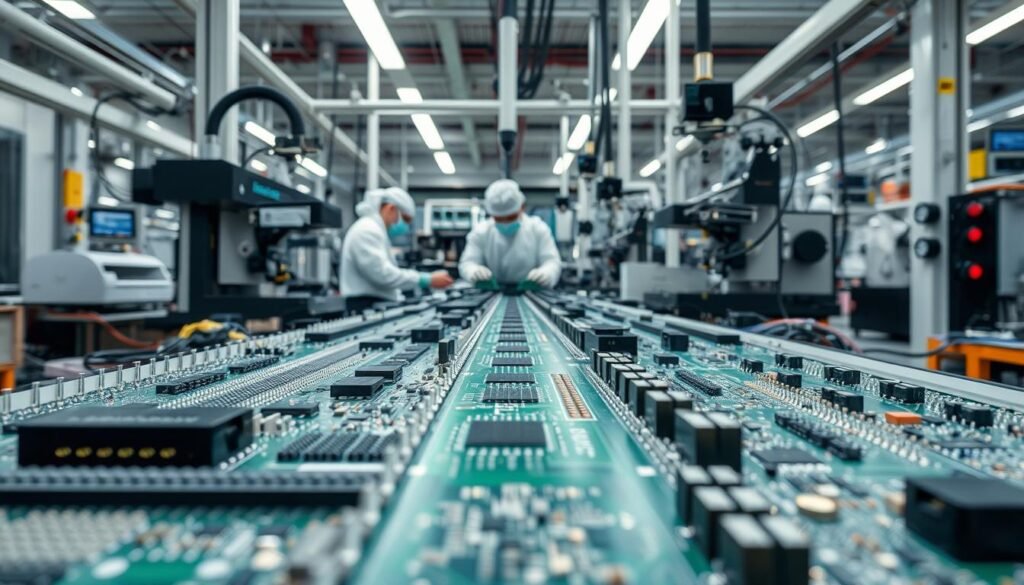 A close-up view of a modern printed circuit board (PCB) assembly line, showcasing the benefits of a turnkey PCBA service. The foreground features neatly organized electronic components, precision-placed by automated machines. In the middle ground, workers in clean-room attire monitor the assembly process, ensuring quality control. The background displays a well-lit, organized factory setting with advanced equipment and tools, conveying the efficiency and reliability of a turnkey PCBA provider. The overall scene emphasizes the streamlined, end-to-end nature of a turnkey PCBA service, simplifying the supply chain and delivering a high-quality product.