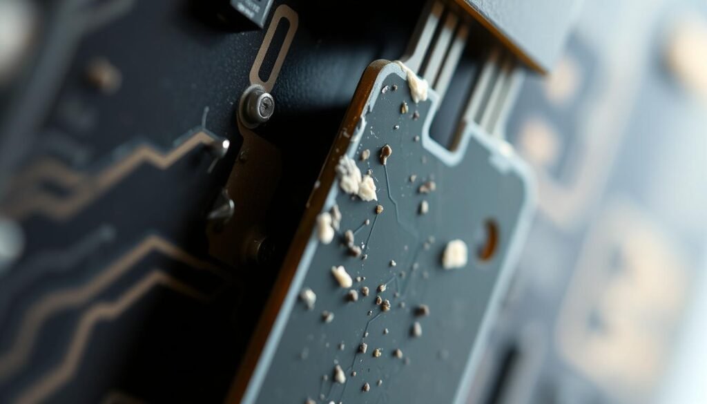 A close-up view of a printed circuit board (PCB) component, showcasing the visual signs of latent electrostatic discharge (ESD) damage. The component's surface exhibits subtle discoloration, small pits, and slight deformations, indicative of the cumulative effects of ESD events. The lighting is soft and diffused, accentuating the delicate textures and highlighting the intricate details of the component's vulnerable structure. The background is slightly blurred, keeping the focus on the damaged component and conveying a sense of technical examination and investigation. The overall mood is one of careful observation, drawing attention to the often-overlooked consequences of ESD in electronic component failures.