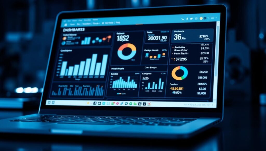 A close-up view of a printed circuit board (PCB) cost analysis dashboard, displayed on a sleek, metallic laptop screen. The dashboard features interactive data visualizations, including bar graphs, pie charts, and cost breakdowns, providing a detailed breakdown of the various components and manufacturing expenses associated with PCBA production. The screen is bathed in a cool, blue-tinted lighting, creating a professional and analytical atmosphere. The scene is captured from a slightly elevated angle, allowing the viewer to appreciate the technical details and precision of the digital display.