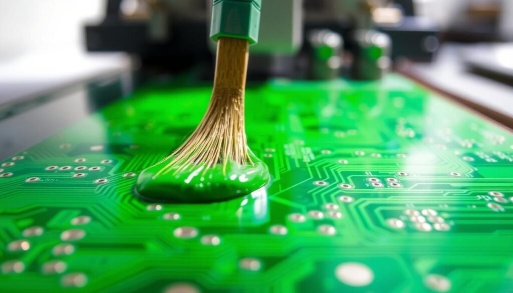 A close-up view of a printed circuit board (PCB) during the solder mask application process. The PCB surface is covered in a vibrant green solder mask, applied with precision and care. In the foreground, the solder mask can be seen being carefully brushed onto the copper traces, creating a protective and uniform coating. The middle ground showcases the intricate patterns of the PCB, with the solder mask seamlessly integrating with the copper features. The background is softly blurred, emphasizing the technical focus of the scene. The lighting is bright and directional, highlighting the texture and sheen of the solder mask. The overall atmosphere conveys the importance of this manufacturing step in ensuring the reliability and cost-effectiveness of the final printed circuit board assembly.