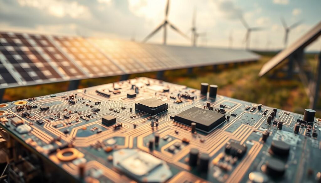 A close-up view of a printed circuit board (PCB) from Informic Electronics, showcasing its environmental durability. The PCB is set against a backdrop of a renewable energy power plant, with solar panels and wind turbines in the distance. The PCB's surface is weathered, yet its components remain intact, highlighting its resilience to harsh environmental conditions. The lighting is soft and diffused, casting a warm glow on the intricate copper traces and solder joints. The camera angle is slightly tilted, adding depth and emphasizing the PCB's rugged construction. The overall mood conveys the reliability and longevity of Informic Electronics' PCBs in powering renewable energy systems.
