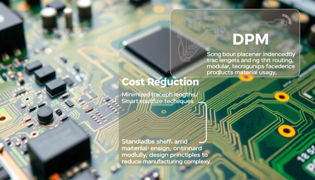 A close-up view of a printed circuit board (PCB) layout, showcasing various cost reduction strategies. The foreground features efficient component placement, minimized trace lengths, and smart routing techniques to optimize material usage. The middle ground highlights the use of standardized, off-the-shelf parts and modular design principles to reduce manufacturing complexity. In the background, a blueprint-style overlay suggests design for manufacturability (DFM) guidelines, emphasizing manufacturing-friendly practices. The overall scene conveys a sense of thoughtful engineering, with a focus on practical, cost-effective solutions without compromising quality.