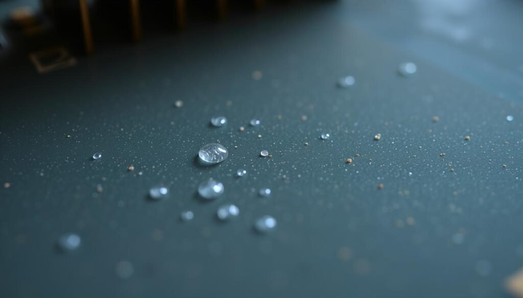 A close-up view of a printed circuit board (PCB) showing no-clean flux residue. The PCB surface is slightly uneven, with subtle textures and discoloration from the flux. The residue appears as a thin, hazy film, with varying degrees of translucency and sheen. Lighting is soft and diffused, creating subtle shadows that accentuate the surface details. The image has a neutral, technical tone, conveying the practical nature of this topic. The focus is sharp, allowing for clear observation of the flux's characteristics and its impact on the PCB's appearance.