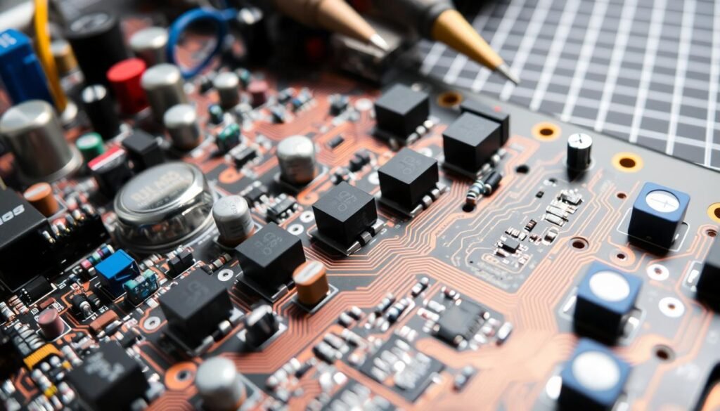 A close-up view of a printed circuit board assembly (PCBA), showcasing the intricate design challenges encountered during functional testing. The foreground features an array of electronic components, resistors, capacitors, and integrated circuits, arranged in a complex and interconnected layout. The middle ground highlights the multi-layered PCB structure, with visible copper traces and vias, emphasizing the importance of signal routing and impedance control. In the background, a subtle grid pattern suggests the use of specialized test equipment, such as oscilloscopes and probes, used to validate the PCBA's functionality. The overall scene conveys a sense of technical precision and the meticulous attention to detail required in overcoming PCBA design challenges during the functional testing process.