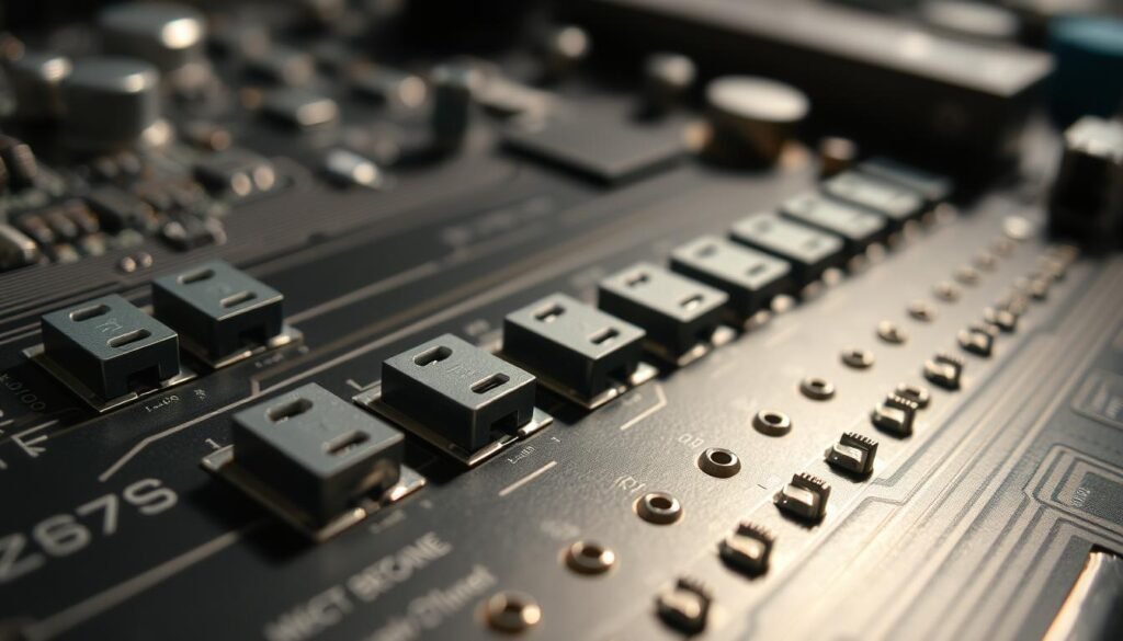 A close-up view of a printed circuit board, showcasing an array of test points in the foreground. The test points are depicted as precise, metallic pads against a matte, dark-colored substrate. The lighting is crisp and directional, casting subtle shadows that accentuate the dimensional details of the test points. The midground features additional components and traces, providing context for the test point layout. The background is slightly blurred, hinting at the broader design of the circuit board. The overall mood is one of technical precision and attention to detail, suitable for illustrating the core parameters of effective test point design.