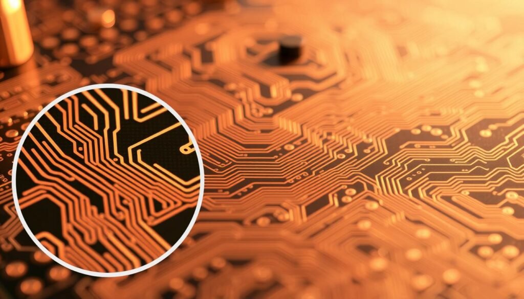 A close-up view of a single-layer printed circuit board, showcasing the intricate layout of copper traces and vias. The board is illuminated by a warm, directional light, casting subtle shadows that accentuate the signal paths. In the foreground, a zoomed-in section reveals the precise alignment and spacing of the traces, highlighting the importance of signal integrity. The middle ground displays the overall board topology, with interconnected components and carefully routed signals. The background fades into a soft, ethereal gradient, creating a sense of depth and focus on the critical design elements. The scene conveys the technical complexity and engineering precision required to ensure reliable connectivity and signal quality in IoT device PCBAs.