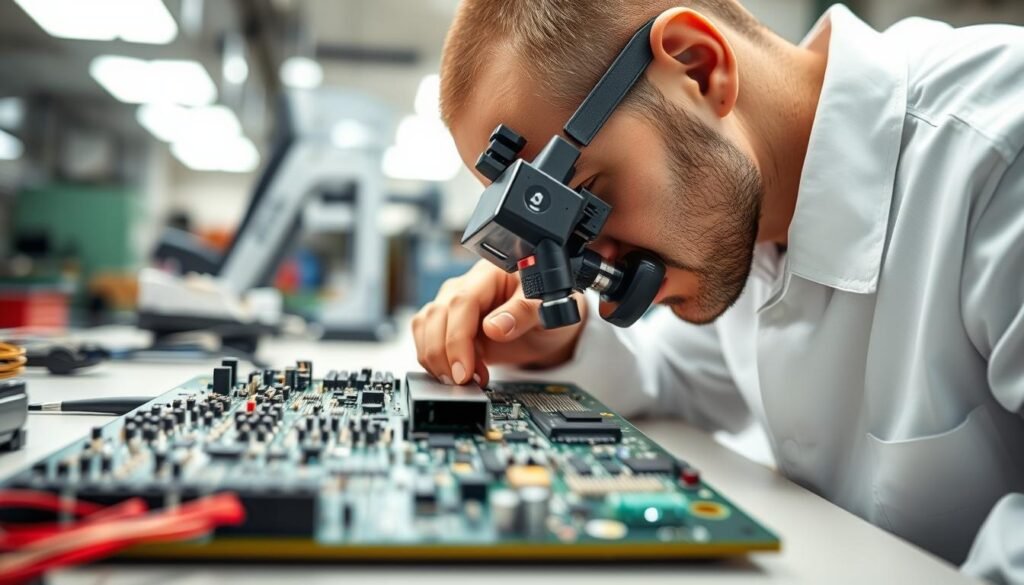 A close-up view of a technician meticulously inspecting a complex printed circuit board (PCB) under bright, evenly-distributed lighting. The board is positioned on a clean, well-organized workbench, showcasing the intricate assembly and precise soldering work. The technician, wearing a magnifying headset, examines the board with intense focus, ensuring every component is properly aligned and functioning. The background is blurred, drawing the viewer's attention to the board and the quality control process. The scene conveys a sense of professionalism, attention to detail, and a commitment to delivering high-quality PCB assemblies.