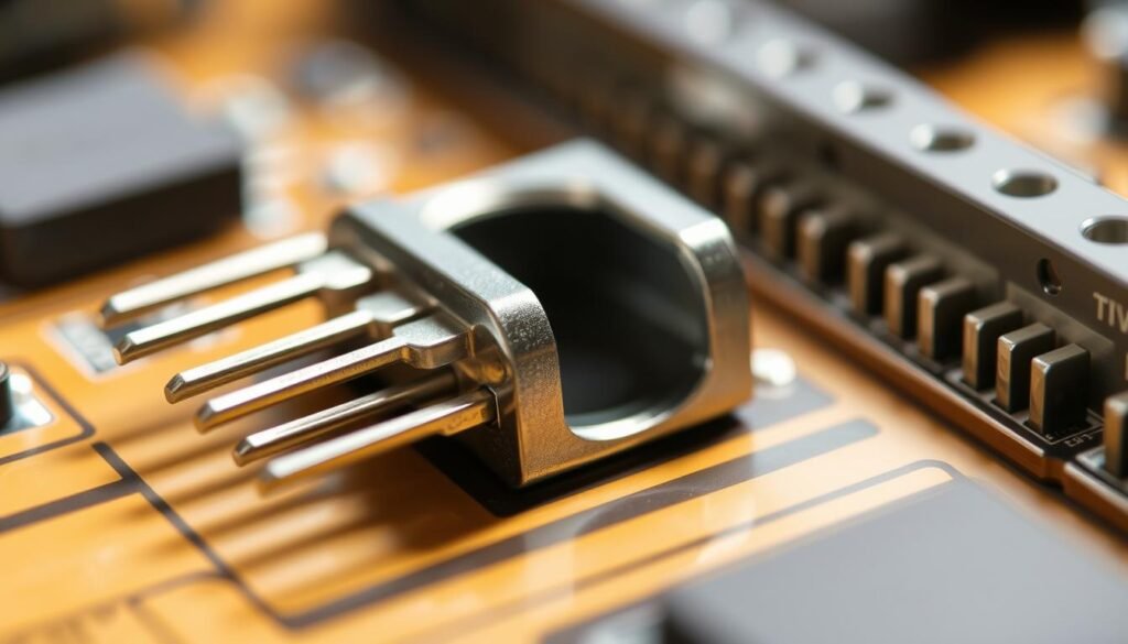 A close-up view of a through-hole electronic component, its metal leads firmly embedded in a printed circuit board. The component's sturdy construction is highlighted by precise, well-defined lines and a metallic sheen, conveying a sense of reliability and durability. The lighting is soft and diffused, casting subtle shadows that accentuate the component's three-dimensional form. The background is blurred, keeping the focus on the component's impressive mechanical integrity, a testament to the advantages of through-hole assembly in mission-critical applications.