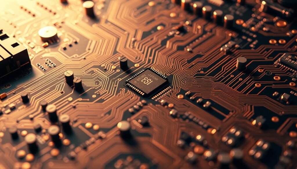 A close-up view of an automotive printed circuit board (PCB) design, showcasing the intricate layout and components of Informic Electronics' state-of-the-art electronics. The PCB features a complex network of copper traces, vias, and surface-mount components, meticulously arranged to optimize performance and reliability in harsh automotive environments. The design is illuminated by a warm, soft light, casting subtle shadows that accentuate the board's features. The perspective is slightly elevated, providing a detailed, technical overview of the PCB's layout and design considerations for automotive applications.