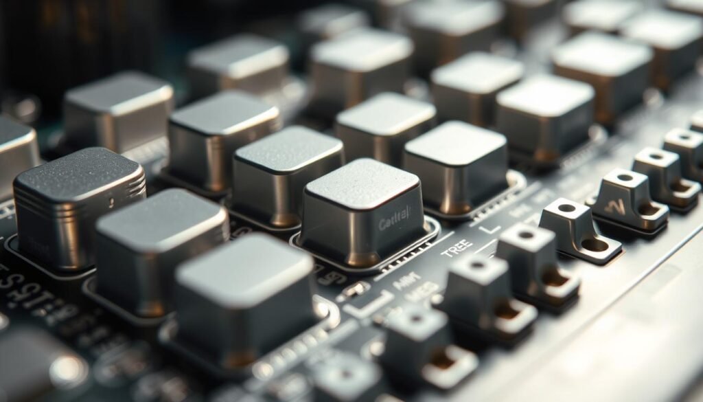 A close-up view of lead-free solder joints on a printed circuit board, illuminated by soft, diffused lighting. The solder features distinct, uniform texture and a shiny, silvery-gray appearance, conveying their metallurgical properties. The joints are neatly arranged, with precise alignment and consistent size, showcasing the precision of lead-free soldering. The background is slightly blurred, keeping the solder features as the focal point. The overall image communicates the clean, sophisticated look and reliable performance of lead-free solder in electronic assemblies.