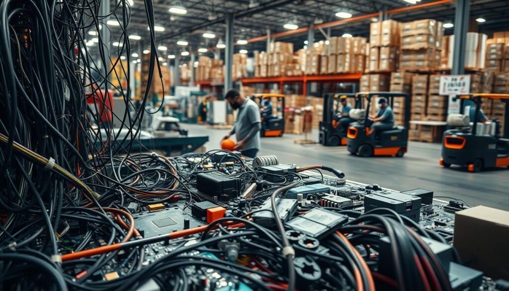 A complex array of circuit boards, cables, and electronic components fills the foreground, showcasing the intricate nature of PCB assembly. In the middle ground, workers carefully handle the delicate parts, navigating the logistics of packaging and shipping. The background depicts a bustling warehouse, with shelves of neatly stacked boxes and forklifts moving cargo. Soft, directional lighting casts subtle shadows, creating depth and emphasizing the technical precision required in this process. The overall scene conveys the challenges and attention to detail involved in the logistics and shipping of PCBAs from China.