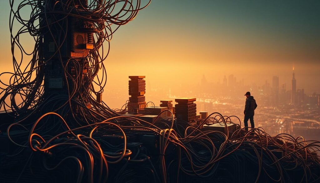 A complex circuit board landscape with towering, interconnected IoT devices and sensors, their scale and complexity overwhelming a lone engineer trying to manage their integration. Warm lighting casts dramatic shadows, creating a sense of tension and challenge. In the foreground, a tangled web of wires and cables snake across the scene, symbolizing the technical obstacles faced in scaling IoT production. The middle ground features a cluster of diverse IoT products, each with unique form factors and connectivity requirements. The background fades into a hazy, futuristic cityscape, hinting at the broader ecosystem these devices must operate within. An atmosphere of technological innovation mixed with operational struggle.