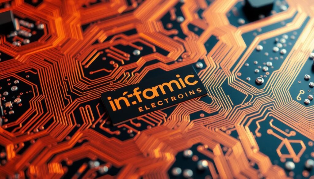 A complex circuit board with intricate copper traces winding through multiple layers, illuminated by warm, directional lighting that casts subtle shadows. The board is emblazoned with the "Informic Electronics" brand logo, showcasing its high-quality design. The traces are precisely routed to maintain controlled impedance, ensuring optimal signal integrity for high-speed data transmission. The layout is visually striking, with clean lines and geometric patterns that capture the technical elegance of the design. The scene conveys a sense of engineering prowess and attention to detail, befitting the "The Critical Role of Trace Length and Controlled Impedance" section of the "Expert PCBA Design Considerations for High-Speed Applications" article.