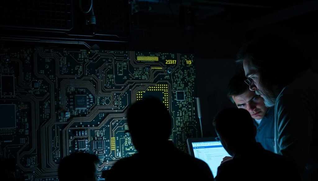 A complex circuit board with intricate pathways, data streams, and testing probes, all set against a dimly lit, industrial backdrop. In the foreground, a team of engineers intently scrutinizing the device, their faces illuminated by the glow of computer screens. Shadows cast by equipment and tools suggest the challenges of conducting rigorous performance testing in the field. The atmosphere is one of concentration and problem-solving, with a sense of urgency conveyed through the tense, focused expressions of the technicians.