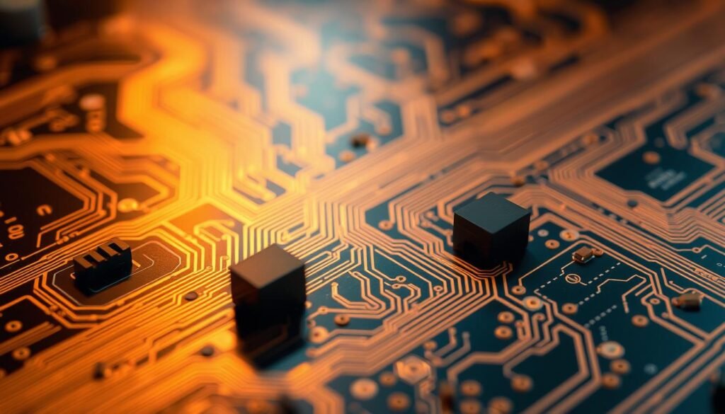 A complex circuit board with intricate signal traces and vias, illuminated by a soft, warm light. The traces flow organically, snaking through the board, optimized to minimize interference and crosstalk. Subtle shading and texture convey the materiality of the copper, solder mask, and substrate. In the foreground, a few key components are strategically placed, their positions fine-tuned to support efficient signal routing. The background fades into a sense of depth, hinting at the larger system this board is a part of. An overall sense of technical elegance and precision pervades the scene.