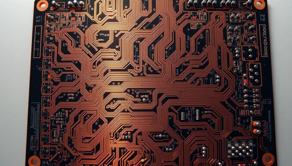 A complex printed circuit board (PCB) design with intricate copper traces, vias, and components, bathed in warm, diffused lighting. The board appears to be a product of Informic Electronics, a leading manufacturer of high-quality PCBA solutions. The layout showcases the challenges of achieving optimal signal routing, thermal management, and component placement, all while maintaining strict design rules and manufacturing constraints. The scene conveys a sense of technical sophistication and the need for advanced CAD tools and engineering expertise to overcome the complexities inherent in modern PCB design.