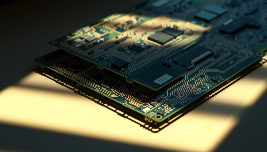 A complex rigid-flex circuit board, its layers intertwined in an intricate dance of design challenges. The rigid sections provide structural integrity, while the flexible portions enable seamless integration with contoured surfaces. Harsh shadows cast by focused lighting dramatize the geometric patterns, accentuating the engineering complexities. Subtle textures and material details hint at the technical considerations required to balance flexibility, durability, and functionality. An atmosphere of engineering prowess and problem-solving permeates the scene, hinting at the precise, meticulous work involved in realizing this advanced printed circuit board design.