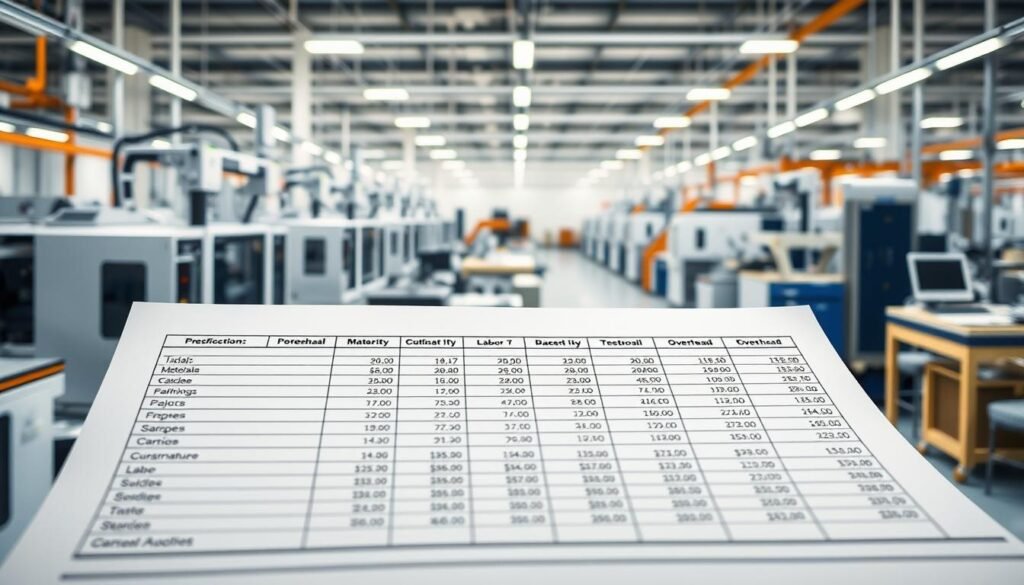 A comprehensive financial analysis of electronics manufacturing costs, showcasing a detailed breakdown of expenses. The foreground displays a detailed spreadsheet with line items for materials, labor, overhead, and other relevant factors. The middle ground features various production equipment, such as SMT machines, soldering stations, and test benches, to convey the manufacturing process. The background depicts a modern factory floor with clean, well-lit workspaces and efficient material handling systems. Soft, diffused lighting creates a professional, data-driven atmosphere, emphasizing the analytical nature of the subject matter. The overall scene conveys a thorough understanding of the cost dynamics involved in electronics manufacturing.