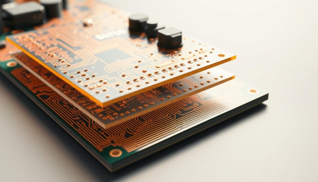 A cross-section of a printed circuit board (PCB) showcasing the efficiency of via-in-pad routing. The image depicts a detailed, high-resolution view of the PCB layers, highlighting the seamless integration of vias directly into the copper pads. The vias are precisely positioned, minimizing the overall footprint and improving signal integrity. The scene is illuminated by a soft, directional light source, casting subtle shadows that accentuate the intricate layout and copper traces. The perspective is slightly elevated, providing a clear and comprehensive overview of the via-in-pad design, allowing the viewer to appreciate the engineering elegance and space-saving benefits of this advanced PCB fabrication technique.
