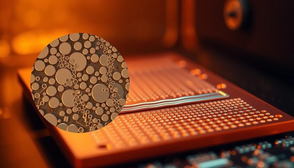 A cross-section of a solder joint formation process, captured in a high-resolution microscopic view. In the foreground, a detailed close-up showcases the intricate intermetallic compounds forming between the molten solder and the copper pad, creating a strong metallurgical bond. The middle ground features the wetting and spreading of the solder, as it seamlessly connects the component lead to the substrate. In the background, a hazy, out-of-focus representation of the reflow oven setting, with warm, amber-toned lighting, conveys the controlled thermal environment essential for this precise soldering technique. The overall scene exudes a sense of technical precision and scientific inquiry, perfectly suited to illustrate the "Reflow Soldering Explained: The Science Behind a Perfect Solder Joint" section.