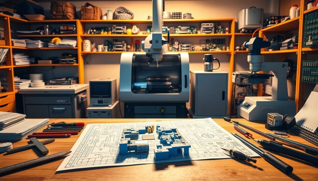 A cross-section view of an engineering workshop, showcasing the various tools and equipment used in the design and production of printed circuit board assemblies (PCBA). In the foreground, a detailed schematic diagram, blueprint, and 3D model of a PCBA are visible on a desk, surrounded by calipers, soldering irons, and other precision instruments. The middle ground features a computer-controlled milling machine, a reflow oven, and a microscope, all essential for the engineering and manufacturing process. In the background, shelves are lined with neatly organized electronic components, resistors, capacitors, and integrated circuits, highlighting the meticulous attention to detail required in PCBA cost calculations. The scene is illuminated by warm, directional lighting, casting shadows that accentuate the technical nature of the setting, conveying the hidden costs and unseen complexities of engineering and tooling for PCBA production.