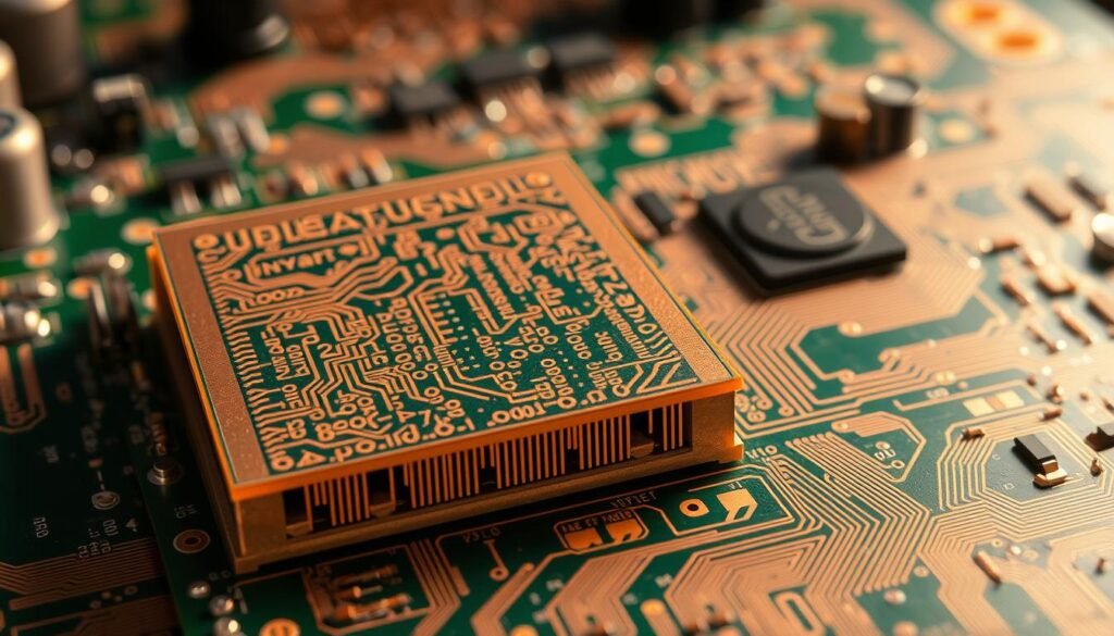 A cross-sectional view of a printed circuit board showcasing the via-in-pad technology. In the foreground, a detailed cutaway reveals the intricate copper-filled vias seamlessly integrated into the copper pad, creating a flush surface. The middle ground highlights the board's multilayer construction, with precisely drilled and plated vias connecting the copper traces between layers. The background depicts the board's overall layout, emphasizing the efficient use of space and the integration of this advanced via technology. Captured under warm, directional lighting, the image conveys the engineering elegance and innovative design of this PCB manufacturing technique.