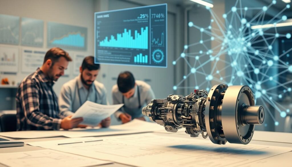 A data visualization dashboard hovers above a workspace, displaying real-time analytics and insights. In the foreground, a team of engineers pore over technical schematics, collaborating to identify and address assembly errors. Soft, diffused lighting creates a focused, problem-solving atmosphere. The middle ground features a 3D-rendered mechanical component, its intricate parts rotating to illustrate step-by-step assembly instructions. In the background, a network of interconnected data streams visualizes the flow of information, guiding the team towards continuous improvement. The scene conveys a data-driven, iterative approach to reducing errors and optimizing the production process.