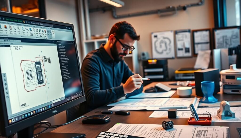 A detailed PCB assembly software workflow on a sleek, modern workstation. The foreground features a computer monitor displaying a CAD design interface, with various tools and menus for component placement, routing, and manufacturing data generation. In the middle ground, an engineer is intently studying the design, making precise adjustments with a stylus. The background showcases a well-organized workspace, with technical drawings, reference materials, and a 3D-printed prototype on the desk. Warm task lighting illuminates the scene, creating a focused, professional atmosphere. The overall composition emphasizes the importance of a comprehensive, digital-first approach to PCB assembly.