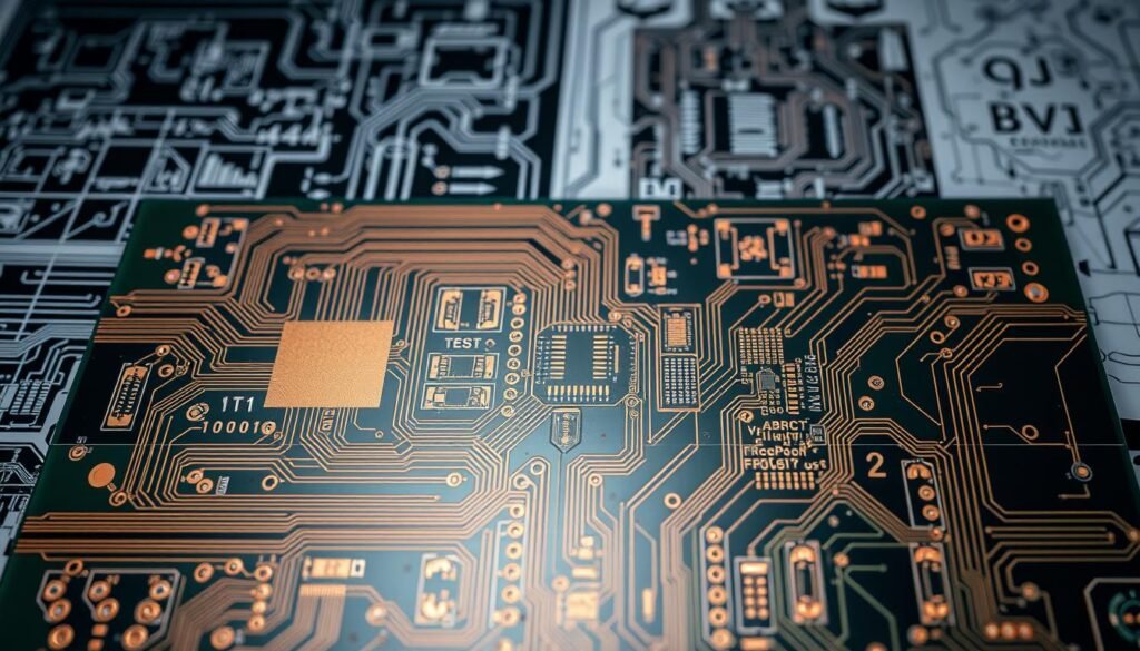 A detailed PCB design for effective circuit testing, showcasing intricate test points strategically placed across the board. The foreground features a top-down view of the PCB, with copper traces, vias, and component footprints clearly visible. The middle ground highlights the test points, designed to facilitate easy access for in-circuit testing (ICT) and flying probe testing. The background subtly blends technical schematics and engineering diagrams, creating a comprehensive, technical atmosphere. The lighting is soft and directional, emphasizing the board's intricate design. The overall composition conveys the importance of Design for Testing (DFT) principles in ensuring PCB quality and reliability.
