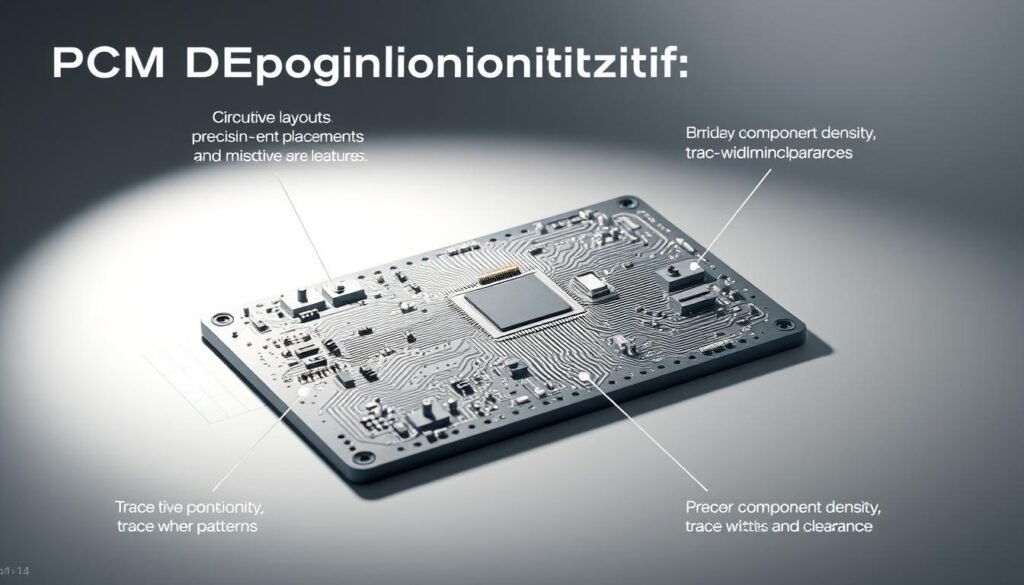 A detailed PCB design optimization diagram showcasing intricate circuit layouts, precise component placements, and meticulous routing patterns. The scene is illuminated by a soft, directional light, casting subtle shadows that accentuate the board's intricate features. The layout is presented in a clean, technical style, emphasizing the importance of design for manufacturability (DFM) principles. The middle ground features a 3D rendering of the PCB, highlighting the strategic optimization of component density, trace widths, and clearances. The background subtly depicts the manufacturing process, with a faint grid overlay suggesting the board's fabrication and assembly considerations.
