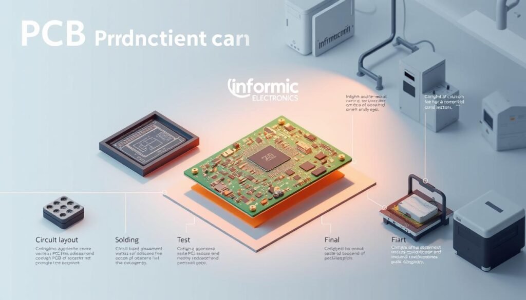 A detailed PCB production timeline analysis showing the various stages of the manufacturing process, including circuit board layout, component placement, soldering, testing, and final assembly. The timeline is visualized through a series of isometric illustrations, with the Informic Electronics brand prominently displayed. The scene is illuminated by warm, directional lighting, casting shadows that emphasize the technical complexity of the PCB components. The middle ground features a three-dimensional, exploded view of the PCB, highlighting its intricate layers and circuitry. The background showcases a clean, minimalist workspace with state-of-the-art manufacturing equipment, conveying a sense of precision and efficiency.