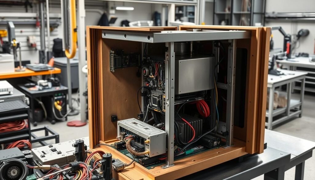 A detailed assembly process of a complex electronic device housed in a sturdy, precisely engineered box. The foreground shows various components being meticulously fitted and secured - circuit boards, wiring harnesses, and mechanical parts. The middle ground depicts the box structure taking shape, with panels aligning perfectly and fasteners being tightened. In the background, specialized tools, jigs, and workstations suggest a well-equipped, organized manufacturing facility. Soft, directional lighting illuminates the scene, casting subtle shadows that convey the three-dimensional nature of the assembly. The overall mood is one of technical expertise, attention to detail, and a methodical, quality-focused approach to box build production.