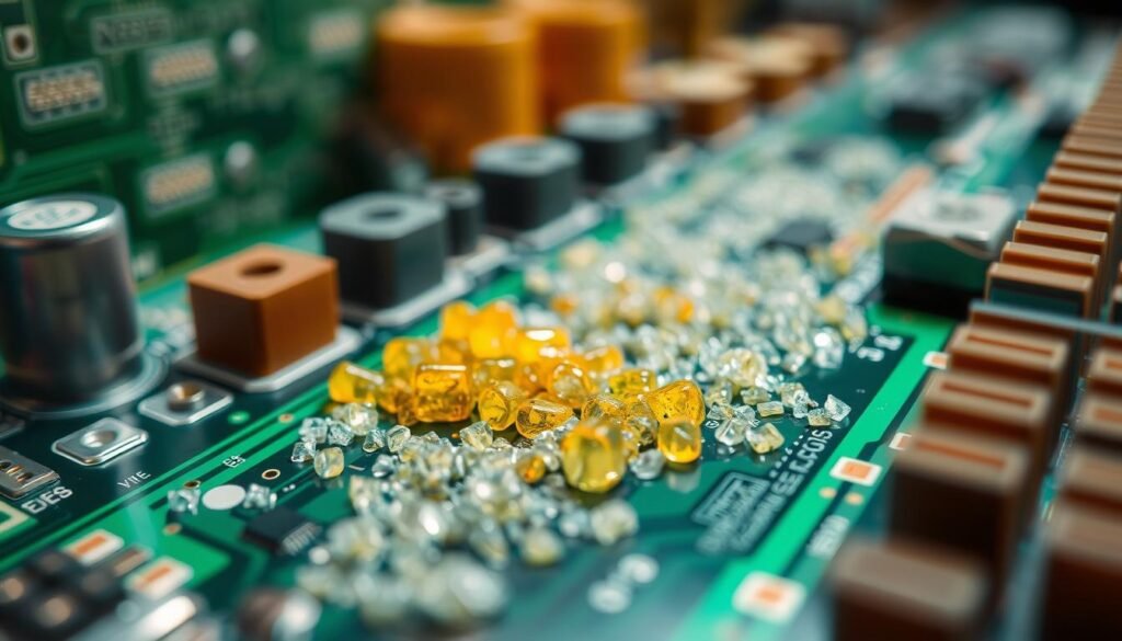 A detailed close-up of various types of flux residues commonly found on printed circuit boards after the soldering process. The scene is well-lit with soft, diffused lighting to showcase the intricate textures and colors of the residues. The foreground features a selection of common flux residue types, including rosin, no-clean, and water-soluble, presented in a clean, organized manner. The middle ground provides a sense of scale, with a portion of a PCB visible. The background is blurred to focus attention on the detailed flux residues in the foreground. The overall mood is one of technical precision and scientific exploration, inviting the viewer to closely examine the unique characteristics of these post-assembly materials.