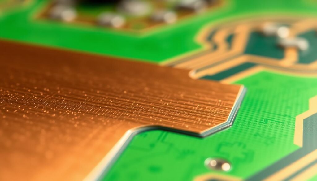 A detailed close-up view of a printed circuit board (PCB) surface, showcasing its solderability. The foreground features a finely textured copper trace, with a shiny, reflective finish indicating a high-quality surface treatment. The middle ground reveals the solder mask, a vibrant green layer that contrasts with the copper, creating a visually striking pattern. In the background, the PCB substrate is visible, its matte surface providing a subtle backdrop. The lighting is soft and diffused, accentuating the metallic sheen of the copper and highlighting the intricate details of the PCB design. The overall scene conveys a technical, engineering-focused atmosphere, suitable for illustrating the "Technical Insights into PCB Plating and Solderability" section of the article.