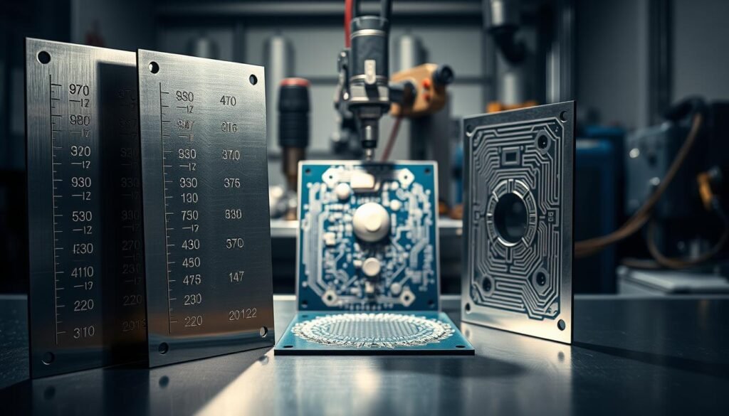 A detailed comparison of stencil thicknesses for optimized solder paste deposition. In the foreground, three stainless steel stencils of varying thicknesses stand upright, their precise measurements etched onto their surfaces. The middle ground showcases the stencils in use, with solder paste precisely applied through their apertures onto a shiny PCB. In the background, an array of engineering tools and a clean, well-lit workspace convey a sense of technical precision. Dramatic, directional lighting casts long shadows, highlighting the subtle textures and edges of the stencils. The overall mood is one of careful, meticulous attention to detail in the pursuit of high-quality solder paste deposits.