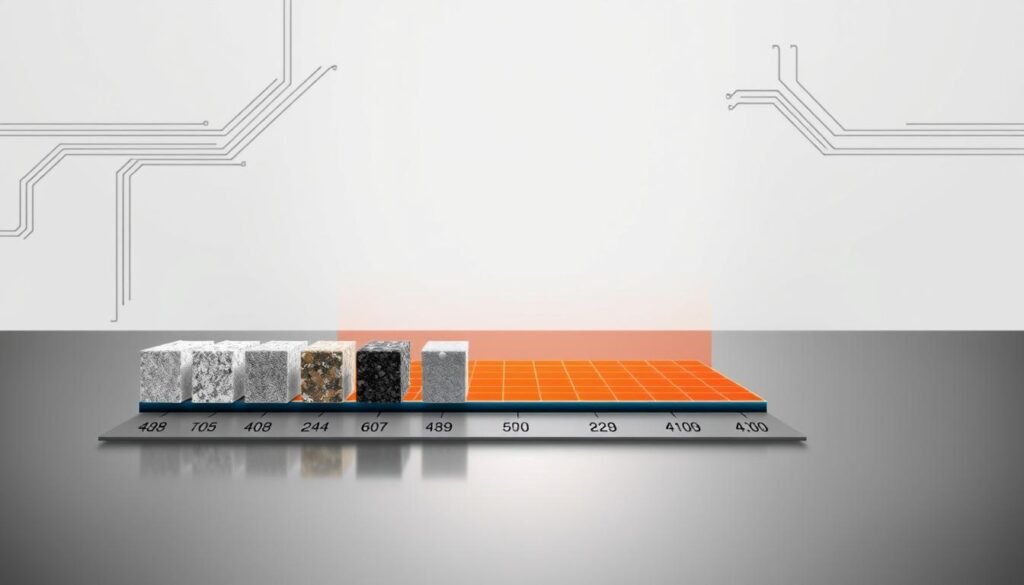 A detailed comparison of the thermal conductivity properties of various materials, showcased in a clean, technical illustration. In the foreground, a grid of material samples arranged in a row, each with a numeric value indicating its thermal conductivity. In the middle ground, a visual heat map demonstrating the conductive properties, with a gradient from hot to cold. In the background, a minimalist, monochromatic setting with subtle technical elements, such as circuit board traces or heat sink fins, to reinforce the subject matter. Crisp, realistic lighting illuminates the scene, emphasizing the technical nature of the image. The overall mood is one of scientific precision and engineering excellence.