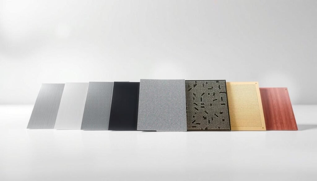 A detailed comparison of various solder mask materials, showcased in a clean, well-lit studio setting. In the foreground, sample swatches of different solder mask types - satin, matte, and glossy finishes - arranged neatly against a neutral backdrop. In the middle ground, the materials are displayed with a tactile, hands-on perspective, allowing the viewer to appreciate their textures and physical properties. The background features subtle, soft lighting that accentuates the sheen and subtle variations of each solder mask sample. The overall mood is one of technical precision and material exploration, conveying the importance of solder mask selection for PCBA performance.