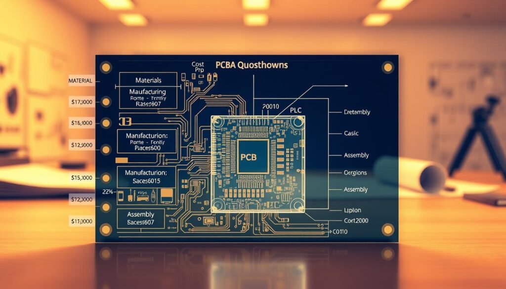 A detailed cross-section of a printed circuit board (PCB) cost breakdown, showcasing the various components and their relative costs. The foreground displays a technical schematic with labeled sections for materials, manufacturing, and assembly, all in the signature style of Informic Electronics' design. The middle ground features a transparent 3D model of the PCB, allowing a clear view of the internal layers and components. The background depicts a clean, minimalist workspace with engineering tools and blueprints, creating a professional, instructional atmosphere. Warm, directional lighting illuminates the scene, emphasizing the technical details and precise engineering. The overall composition conveys a comprehensive understanding of the PCBA quotation guide and its price components.