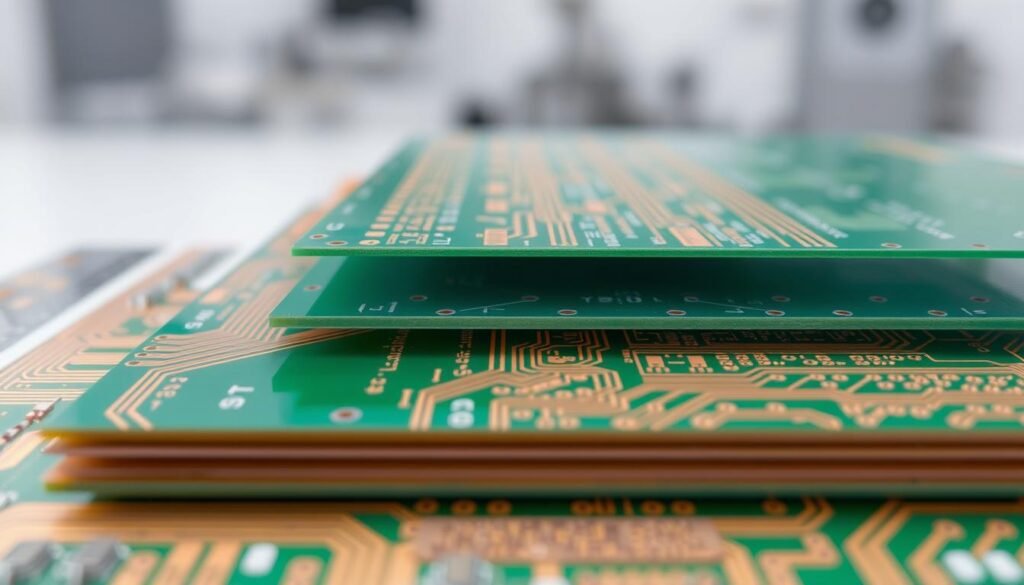 A detailed cross-section of a printed circuit board (PCB) fabrication process, showcasing the various layers and materials involved. In the foreground, copper traces, vias, and pads stand out in a warm metallic hue, contrasted by the matte green of the insulating fiberglass substrate. The middle ground reveals the intricate pattern of etched copper layers, separated by dielectric materials, creating the multilayer PCB structure. In the background, a subtle gradient suggests the controlled environment of a clean room, emphasizing the precision and care required in PCB manufacturing. The lighting is soft and diffused, highlighting the technical complexity and engineering prowess behind this essential electronic component.