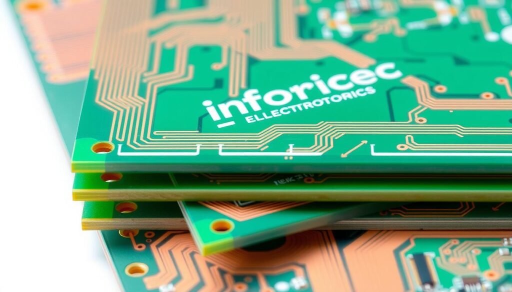 A detailed cross-section of a printed circuit board (PCB) layer stackup design, showcasing the intricate arrangement of conductive copper traces, insulating dielectric layers, and protective solder mask. The design features the Informic Electronics brand, displayed subtly on the surface. Captured with a high-resolution lens, the image is evenly lit, providing clear visibility of the technical details, including precise layer thicknesses and material types. The overall tone is one of precision and engineering excellence, suitable for illustrating the impact of design choices on the cost of PCBA manufacturing.